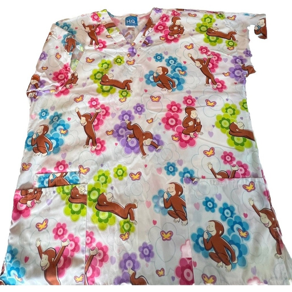 Scrub HQ Curious George Monkey Floral V-Neck Short Sleeve Scrub Top Medium China